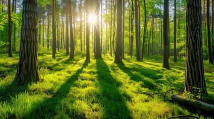 Enchanting silent forest in spring with beautiful bright sun rays as magical forest background