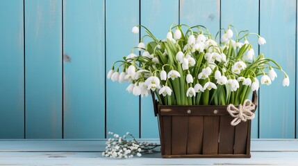 Elegant white snowdrops in basket on serene blue spring background with copy space