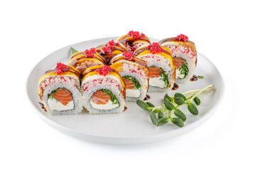 Double-decker roll with fried eel and salmon on a white background, studio shooting 1