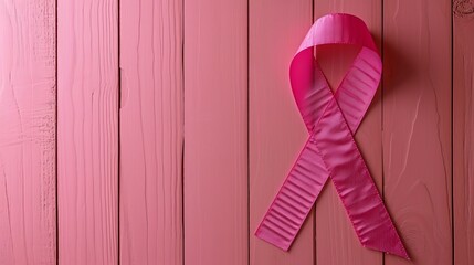 Breast cancer awareness month symbol pink ribbon isolated on pink background with copy space