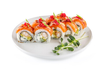 European roll with salmon and shrimp on a white background studio shooting 1