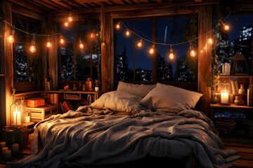 Bedroom interior with glowing garland and lights. 3D rendering