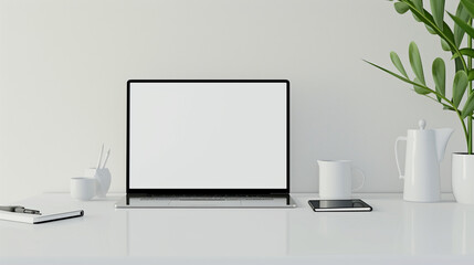 Desk background with blank computer screen. Workspace with mockup blank screen laptop computer. wallpaper luxury and minimal workspace with blank computer screen