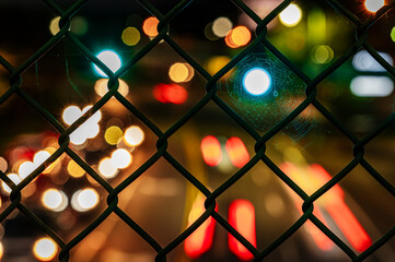 Chain-Link Fence Close-Up With Blurred City Lights in the Background at Night