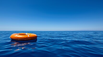 Fototapeta na wymiar Red and white lifebuoy floating on calm open sea water surface with clear blue sky on a sunny day