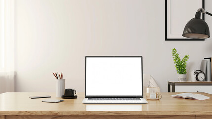 Desk background with blank computer screen. Workspace with mockup blank screen laptop computer. wallpaper luxury and minimal workspace with blank computer screen