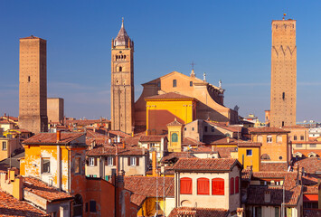 Old medieval towers above the city in Bologna. © pillerss