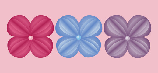 Fototapeta premium Lovely pink, blue and purple bows with a pearl inside. Paper cut style. Vector graphics.