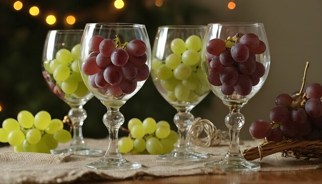 Traditional lucky grapes in glasses on festive table, Celebration of New Year in Spain with grapes in drink created with generative ai