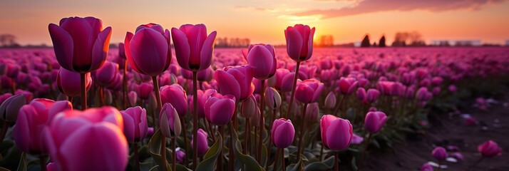 Vibrant red tulips in beautiful sunset landscape panoramic banner - obrazy, fototapety, plakaty