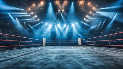 Spotlit empty professional boxing ring in a large arena surrounded by empty seats