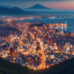  （静岡県）静岡市の街並み・街灯りの向こうに富士山