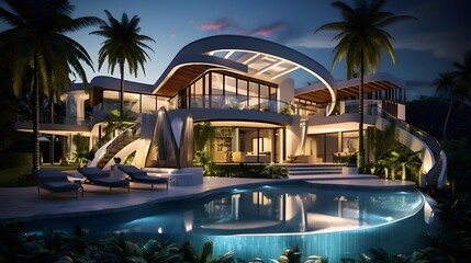 3d rendering of modern cozy house with pool and parking for sale or rent in luxurious style by the sea or ocean. Clear summer night with many stars on the sky. - obrazy, fototapety, plakaty