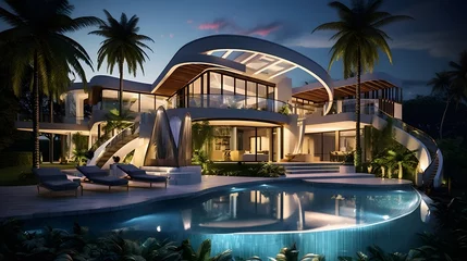 Fototapeten 3d rendering of modern cozy house with pool and parking for sale or rent in luxurious style by the sea or ocean. Clear summer night with many stars on the sky. © Iman