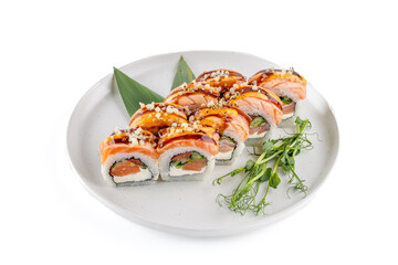 Roll scorched Aburi on a white background studio shooting 3