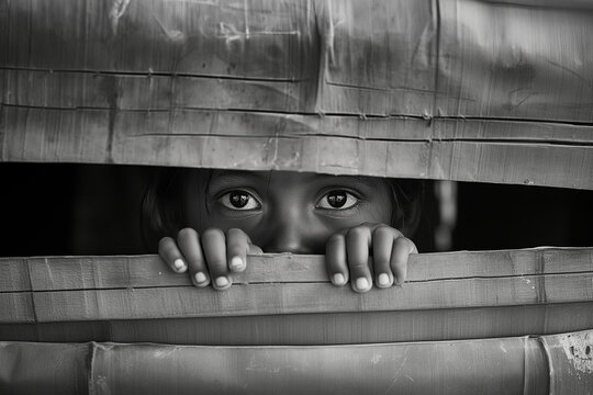 black and white photo of a young girl peeking out of a gap in her house