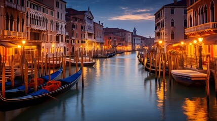 Grand Canal in Venice at night, Italy. Panoramic view