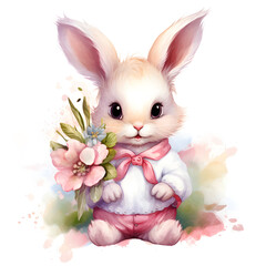 Easter cute watercolor bunny in pink with spring flowers