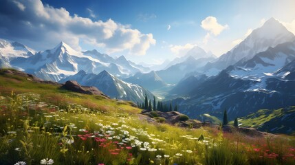 Beautiful panorama of alpine meadow with flowers and mountains in background - obrazy, fototapety, plakaty