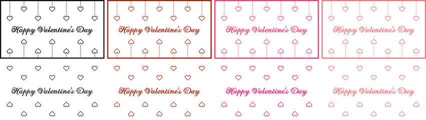 Valentines day border background with hanging pixel art hearts and cursive type typography of Happy...
