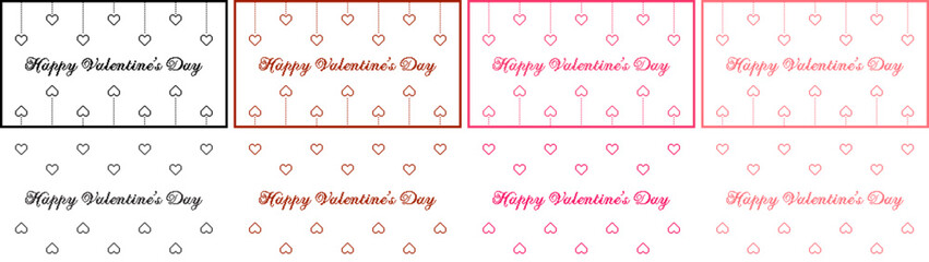 Valentines day border background with hanging pixel art hearts and cursive type typography of Happy Valentines Day text. Vector illustration, black and white, red, maroon, hot pink, pastel pink