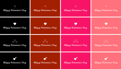 Valentines day background with pixel art hearts and cursive type typography of Happy Valentines Day text. Vector illustration. posters, brochure, banner, black and white, red, hot pink, pastel pink