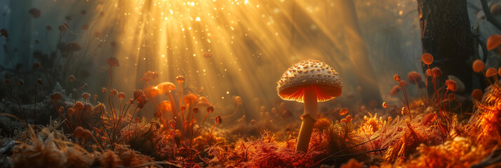 a mushroom expels it spores in a warm sun beam - obrazy, fototapety, plakaty