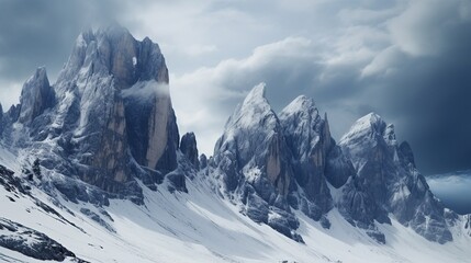 Foggy snow mountain peaks. - obrazy, fototapety, plakaty