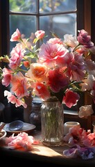 Bouquet of pink freesia flowers in a vase on the windowsill
