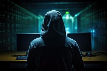 Hooded hacker in a dark room with computers and binary code. Abstract image of a hacker. Back view of hacker in the process of hacking the network. hacking and cyber crime concept.