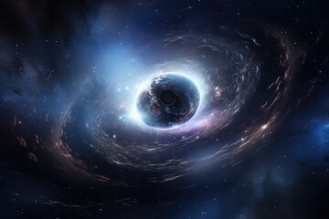 Black hole surrounded by vortex of stars and debris in space. Supermassive black hole swallowing starlight. wormhole opening in space and connecting two distant locations.