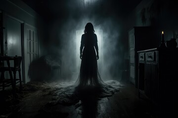 Woman in haunted house. Horror movie concept. Silhouette of woman in haunted house at night. Horror scene of a scary woman.