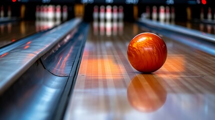 Bowling strike  ball crashing into pins on alleysport competition or tournament concept. - obrazy, fototapety, plakaty