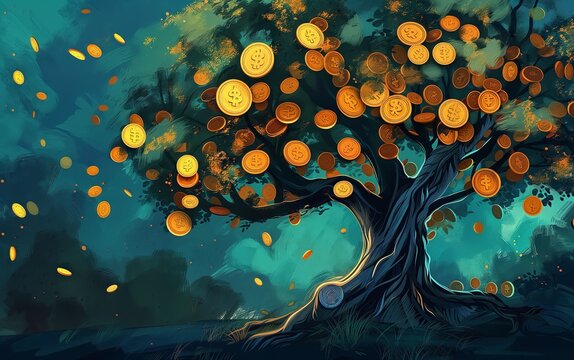 Money tree of good luck and Feng Shui made of golden coins in green forest. Capital growth, investment, saving money, economy, finance and business concept