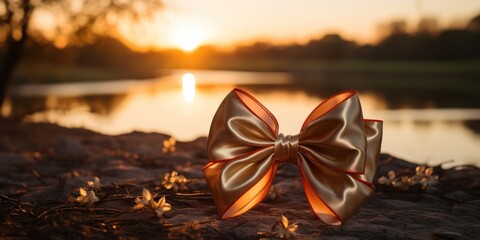 Large Bow Rests on Top of Rock Near Body of Water Generative AI