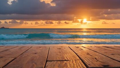 Fototapeta na wymiar Solitude and sunset: a wooden decking on the beach, the sun slowly sinking into the sea