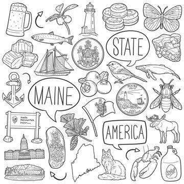 Maine State Doodle Icons Black and White Line Art. United States Clipart Hand Drawn Symbol Design.