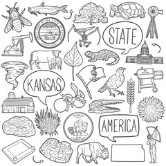 Kansas State Doodle Icons Black and White Line Art. United States Clipart Hand Drawn Symbol Design. © josepperianes