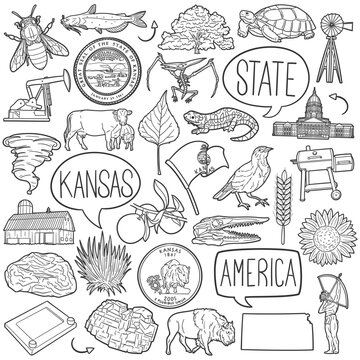 Kansas State Doodle Icons Black and White Line Art. United States Clipart Hand Drawn Symbol Design.