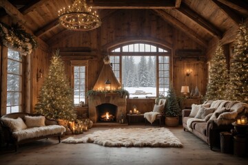 Fototapeta na wymiar Winter Wonderland Imagine stepping into a cozy Rustic Farmhouse during the winter months. The crackling fireplace is the center of attention, surrounded by warm, knitted blankets