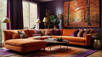 Embrace the vibrant energy of an autumn forest in this eclectic mix living room. The walls are adorned with colorful abstract art, while a mix of deep purple velvet and rich orange