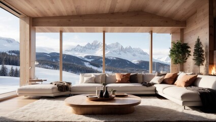 The HighTech Modern living room is situated in a cozy winter cabin, with floortoceiling windows showcasing breathtaking views of snowcapped mountains. The space is modern and