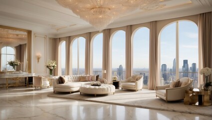 Experience the height of luxury in a traditional classic penthouse, perched atop a sleek skyscraper. The sweeping views of the city below are complemented by the richly designed interior,