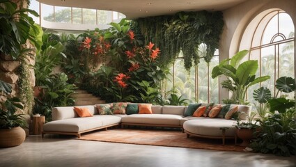 Tropical Oasis The interior of this smart home is designed with a tropical jungle theme, complete with lush greenery, natural textures, and a living wall. As you walk into the