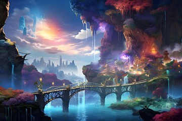 Fantasy landscape with bridge over the river and clouds in the sky illustration