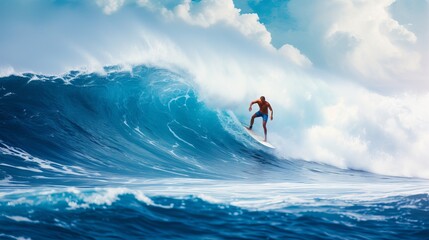 Thrill seeking surfer rides massive blue wave, embodying extreme sport and active lifestyle.