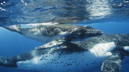 Amazing wildlife marine nature animals shot. Underwater humpback mother whale swimming very close to camera together with newborn calf. Baby whale feeding with mother milk. Tender moment of new family