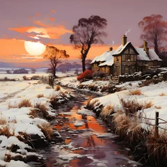 Foto op Plexiglas Winter landscape with house and river at sunset. Beautiful winter scene. © Iman