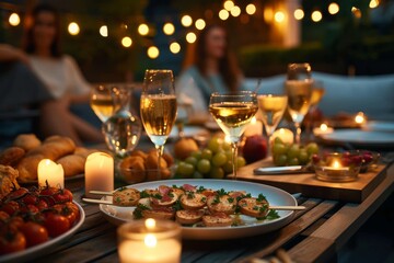 A cozy candlelit supper, adorned with elegant tableware and sparkling champagne stemware, awaits the hungry person at this indoor dinner banquet