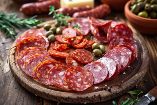 A mouthwatering platter of cured meats and olives, showcasing a variety of savory and indulgent flavors from salami and soppressata to chorizo and kielbasa, all expertly carved and arranged with fres